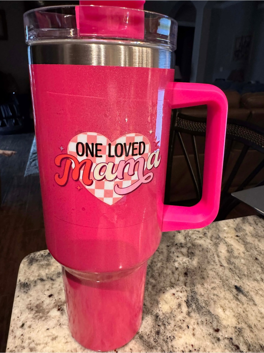 One Loved Mama Pink Travel Tumbler with Handle NEW IN BOX WITH STRAW